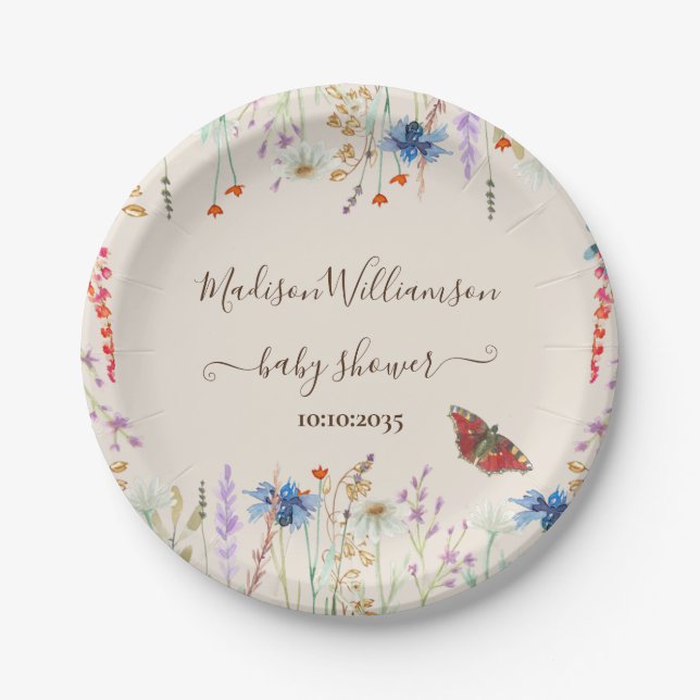 Plato De Papel Baby Shower de mariposa Wildflower Meadow (Anverso)