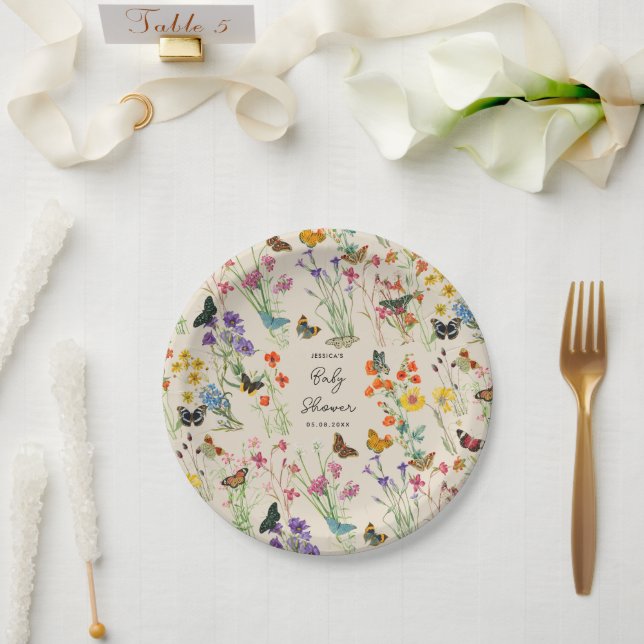 Plato De Papel Baby Shower de mariposas acuarela Wildflowers (Boda)