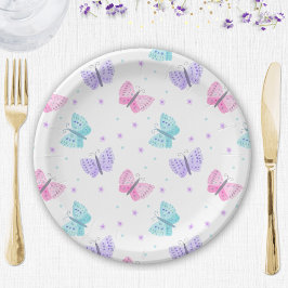 Plato De Papel Baby Shower de mariposas de color rosa morado Aqua