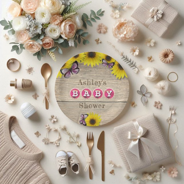 Plato De Papel Baby Shower de mariposas rosadas girasoles (Subido por el creador)