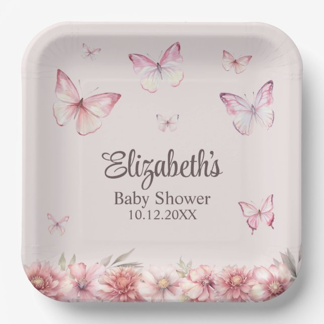 Plato De Papel Baby Shower de mariposas y flores rosadas (Anverso)