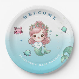 Plato De Papel Baby Shower de Mermaid Adorable Rosa Verde Azul