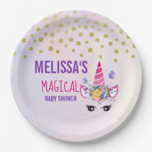 Plato De Papel Baby Shower de moda de unicornio rosado de confett