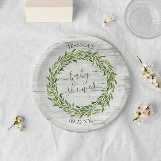 Plato De Papel Baby Shower de moda Laurel Wreath Greenery (Subido por el creador)