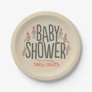 Plato De Papel Baby Shower de mono dulce y negro