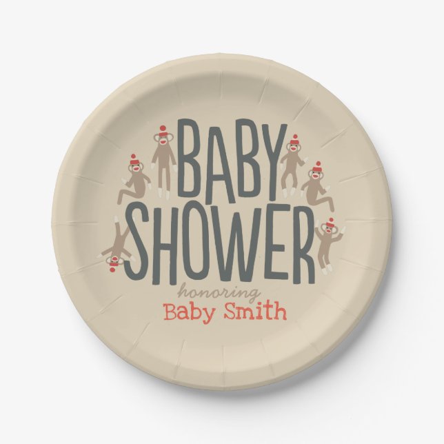Plato De Papel Baby Shower de mono dulce y negro (Anverso)