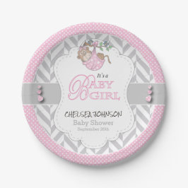 Plato De Papel Baby Shower de mono gris rosa y blanco