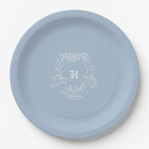 Plato De Papel Baby Shower de monograma azul turbio