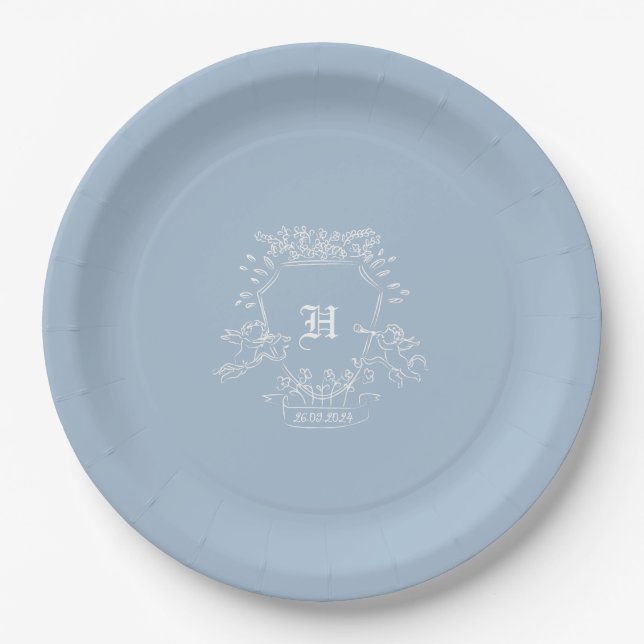 Plato De Papel Baby Shower de monograma azul turbio (Anverso)