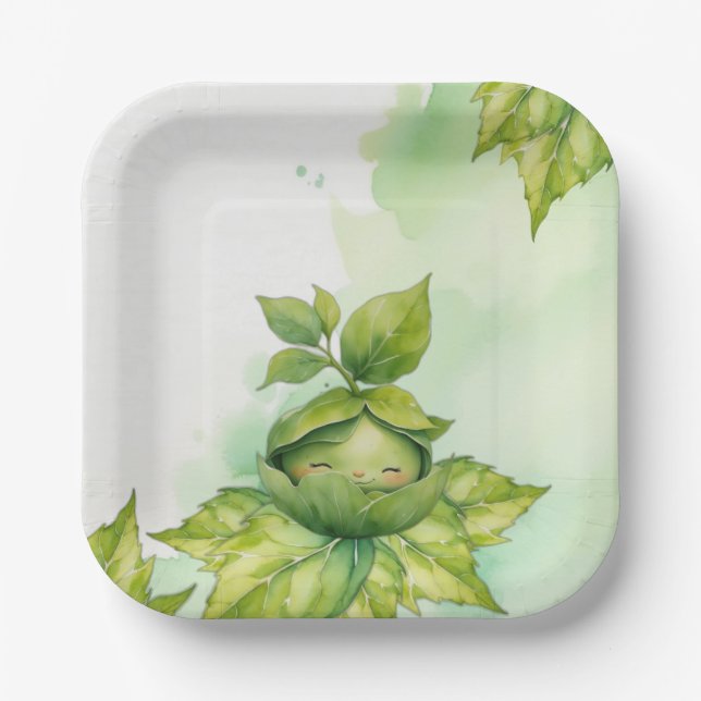 Plato De Papel Baby Shower de naturaleza ilustrada verde (Anverso)