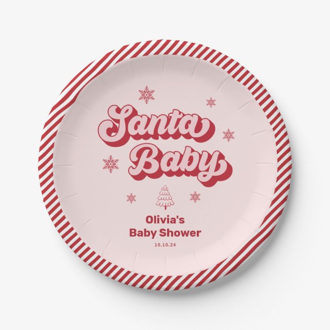 Plato De Papel Baby Shower de Navidades de bebé rosados de Santa (Anverso)