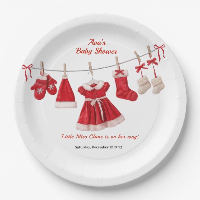 Plato De Papel Baby Shower de navidades | Ropa de Santa Rojo y Bl (Anverso)