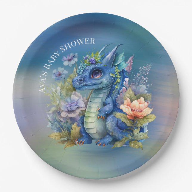 Plato De Papel Baby Shower de Navy Blue Dragon Boy (Anverso)