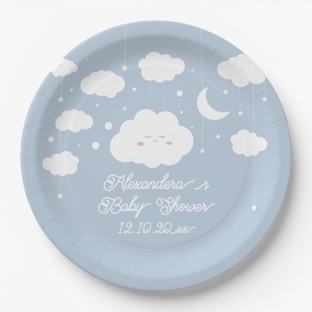 Plato De Papel Baby Shower de nube azul (Anverso)