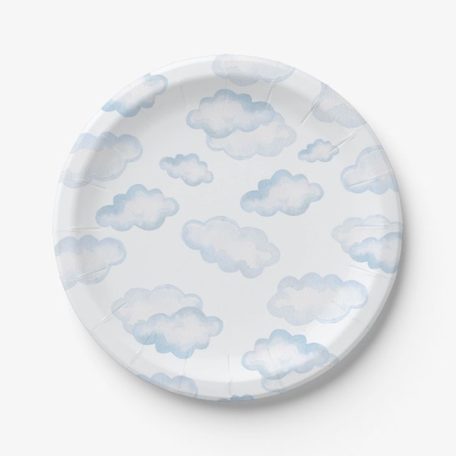 Plato De Papel Baby Shower de nubes azul de agua (Anverso)