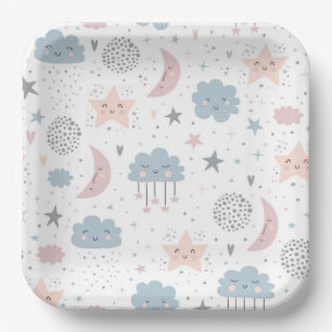 Plato De Papel Baby Shower de nubes lunares
