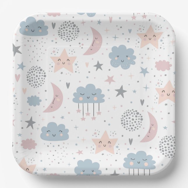 Plato De Papel Baby Shower de nubes lunares (Anverso)