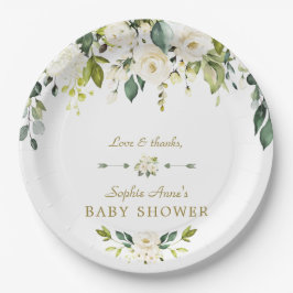 Plato De Papel Baby Shower de oro con flores de crema blanca