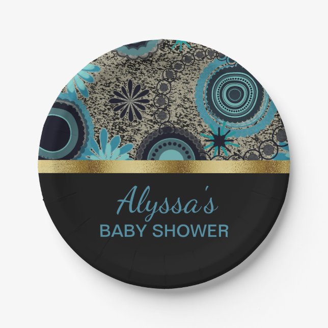 Plato De Papel Baby Shower de oro Verde azulado negro personaliza (Anverso)