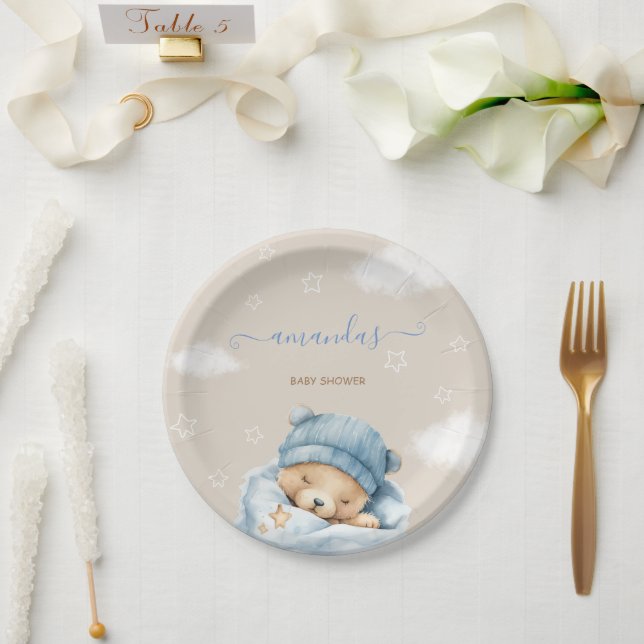 Plato De Papel Baby Shower de oso cortado azul (Boda)
