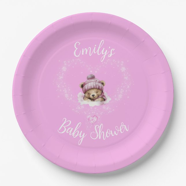 Plato De Papel Baby Shower De Oso De Teddy De Nieve Emocionada (Anverso)