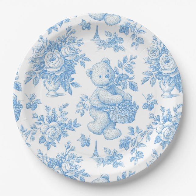 Plato De Papel Baby Shower de oso floral toile francés (Anverso)