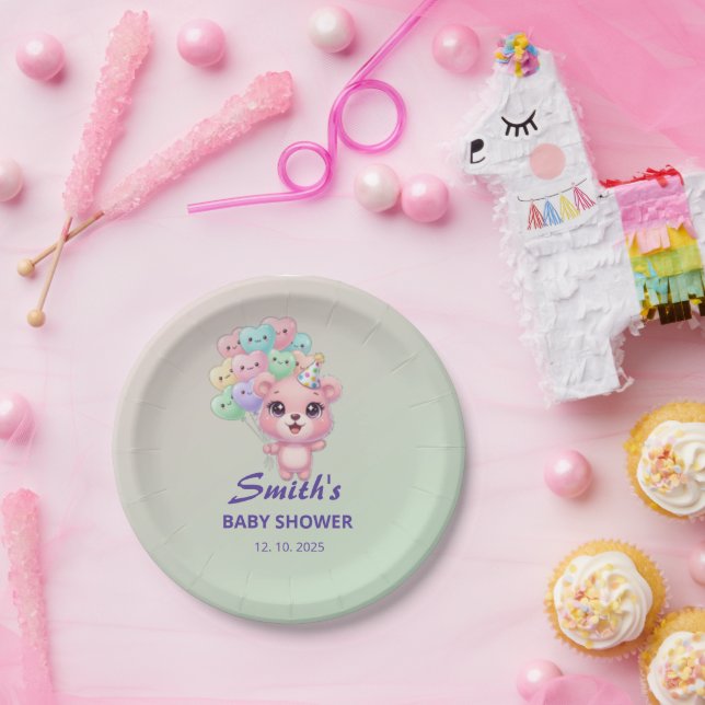 Plato De Papel "Baby Shower de oso lindo con fecha Personalizado (Fiesta)