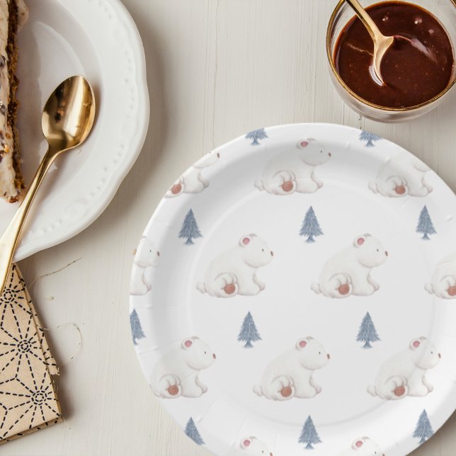 Plato De Papel Baby Shower de oso polar de invierno neutral de gé (Gender Neutral Winter Polar Bear Baby Shower Paper Plates)