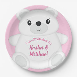 Plato De Papel Baby Shower de oso polar rosa