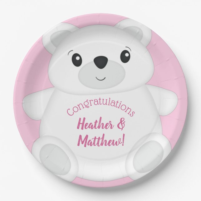 Plato De Papel Baby Shower de oso polar rosa (Anverso)