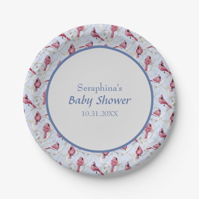 Plato De Papel Baby Shower de pájaros cardenales de Blue Winter W (Anverso)
