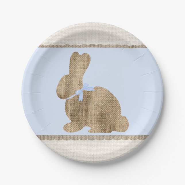 Plato De Papel Baby Shower de Pascua Rústica Azul y Burlap (Anverso)