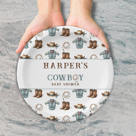 Plato De Papel Baby Shower de patrón de cowboy personalizado