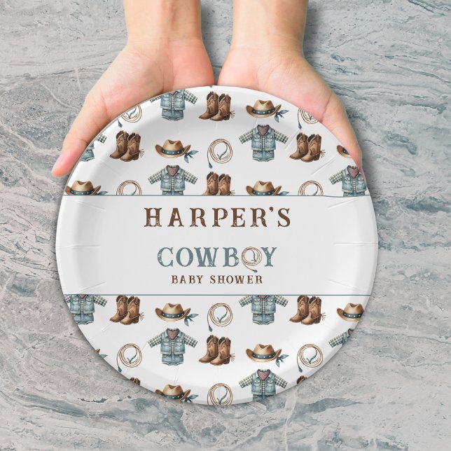 Plato De Papel Baby Shower de patrón de cowboy personalizado (Subido por el creador)