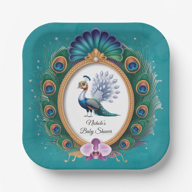 Plato De Papel Baby Shower de pavo real blanco y dorado (Anverso)