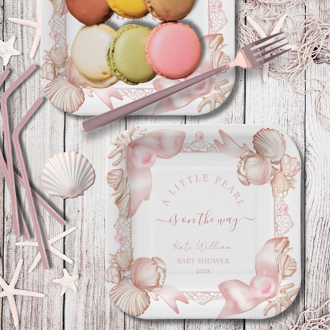 Plato De Papel Baby Shower de perla rosa de la moda costera (Subido por el creador)