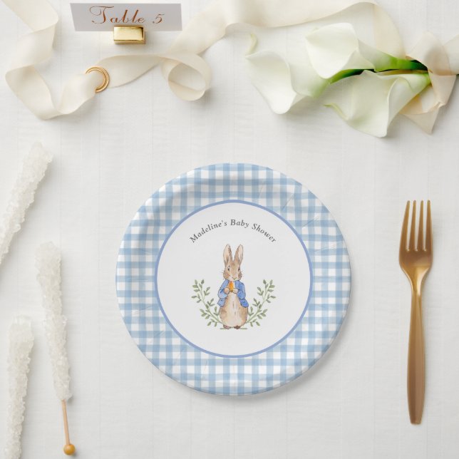 Plato De Papel Baby Shower de Peter Rabbit Blue White Gingham (Boda)