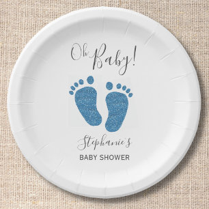 Plato De Papel Baby Shower de pies de bebé Purpurina azul
