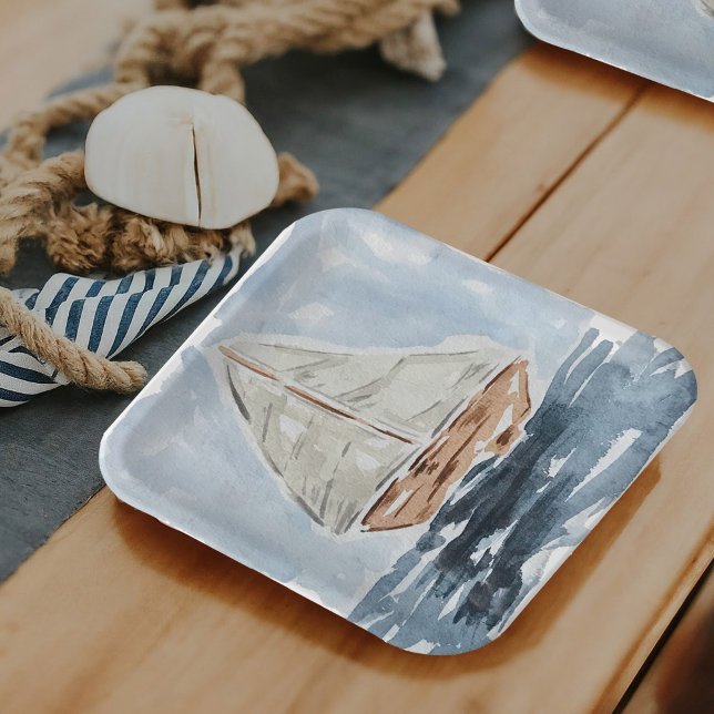Plato De Papel Baby Shower de pintura náutica náutica (Blue nautical watercolor sailboat modern party paper plates.)