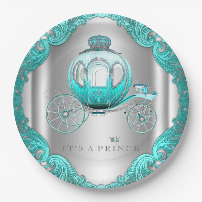 Plato De Papel Baby Shower de plata azul verde azulada (Anverso)