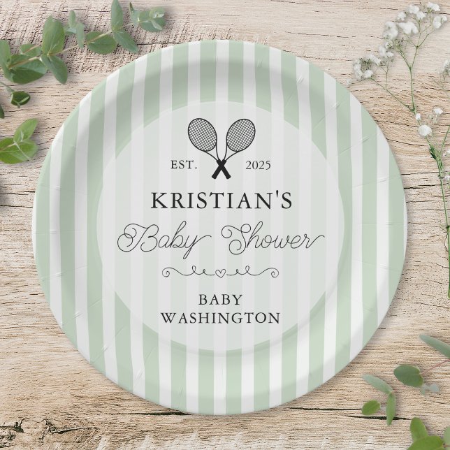 Plato De Papel Baby Shower de Preppy Green Tennis Country Club (elegant green stripes chic preppy baby shower paper plates for upscale gender neutral country club)