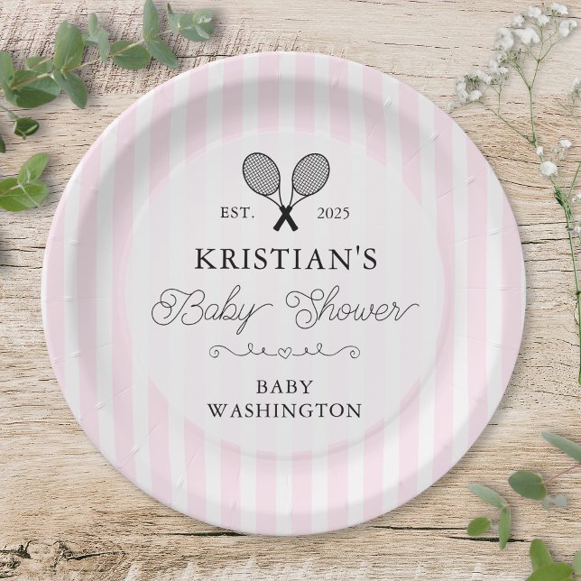 Plato De Papel Baby Shower de Preppy Pink Tennis Country Club (elegant pink stripes tennis theme baby shower paper plates for upscale chic country club events)