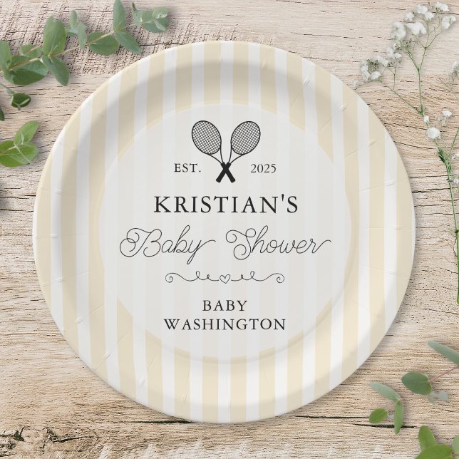 Plato De Papel Baby Shower de Preppy Yellow Tennis Country Club (elegant pastel yellow tennis theme baby shower paper plates for chic country club birthday party)