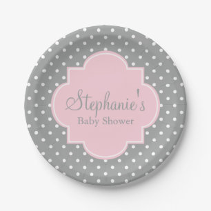 Plato De Papel Baby Shower de Punto Polka Rosa Gris, Blanco y Pas