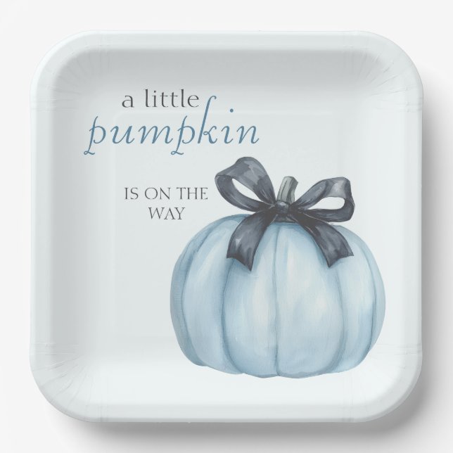 Plato De Papel Baby Shower de puntos de polka de calabaza azul (Anverso)