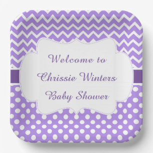 Plato De Papel Baby Shower de puntos de polka morado y crudo