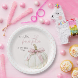Plato De Papel Baby Shower de puntos de polka rosa de calabaza bl