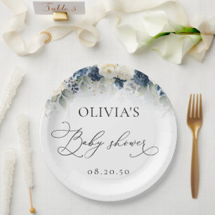Plato De Papel Baby Shower de rosas blancas y azules de la marina