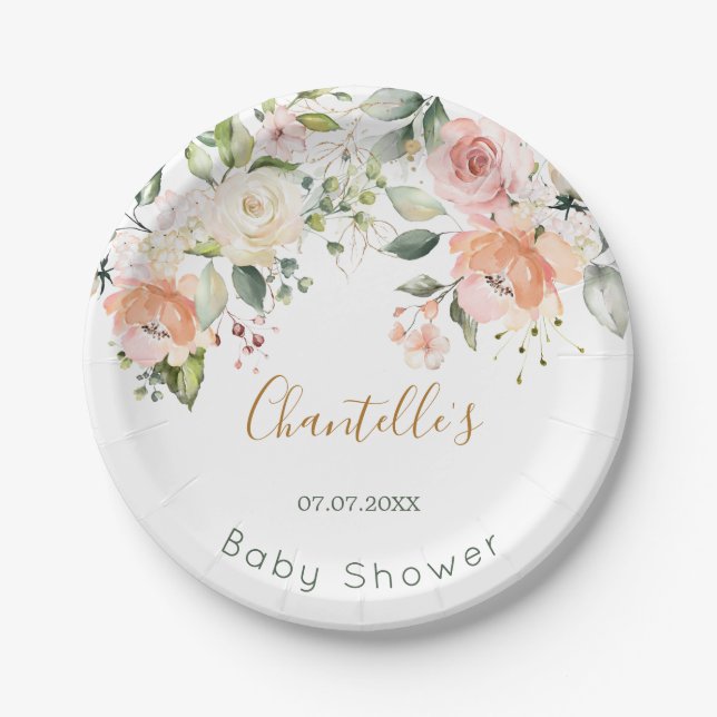 Plato De Papel Baby Shower de rosas rosadas acuarelas florales de (Anverso)