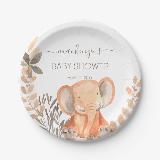 Plato De Papel Baby Shower de Safari para Elefantes de Agua (Anverso)